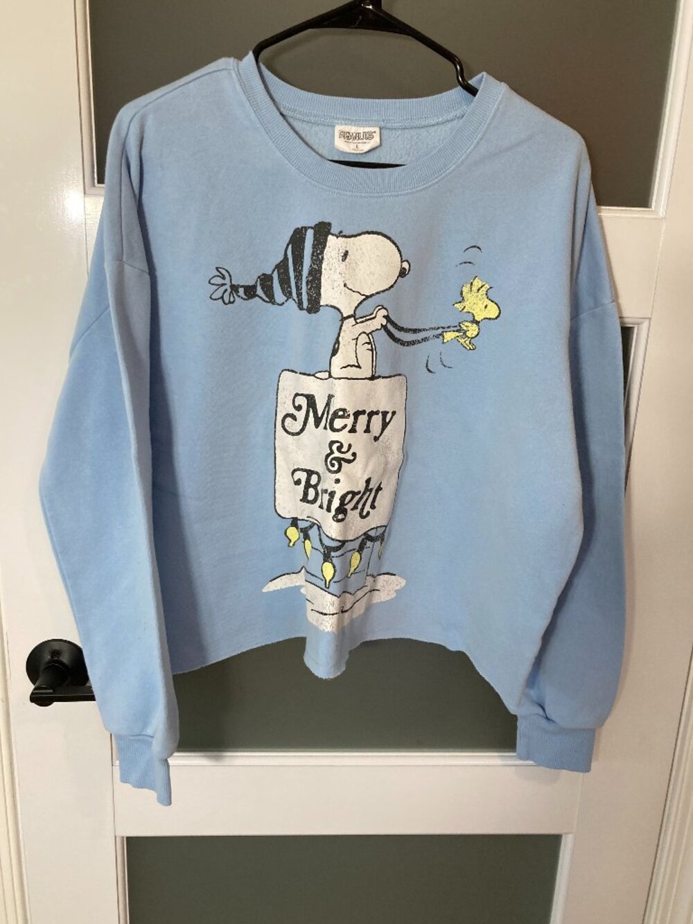 Grayson Threads Peanuts Snoopy Merry & Bright Christmas Sweatshirt Blue L - crop